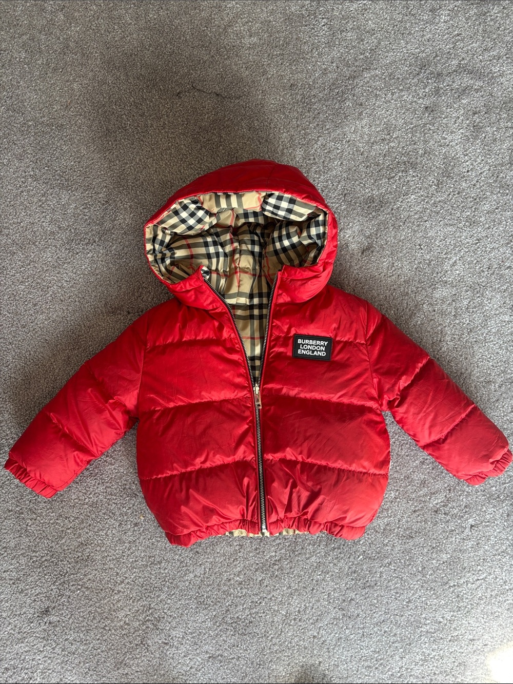 Burberry Kids Reversible Down Puffer Jacket Red / Vintage Check Hooded Coat